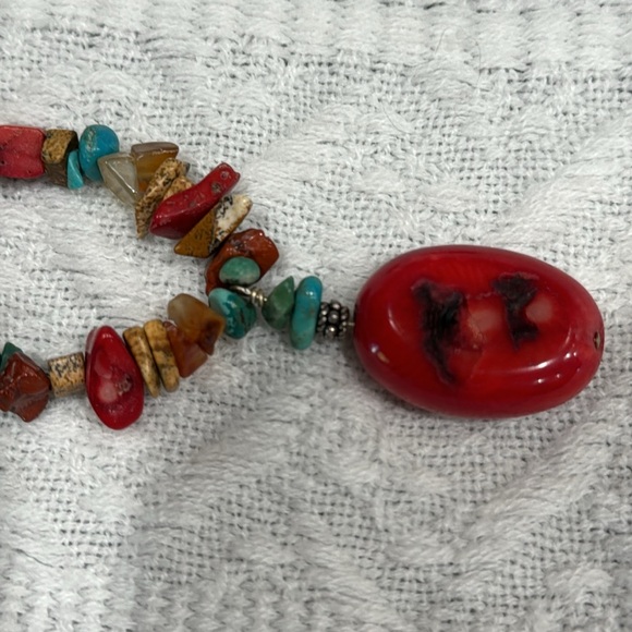 Red Coral, Raw Tiger Eyes, Turquoise & Agate stones Necklace earrings Set! - Picture 10 of 10